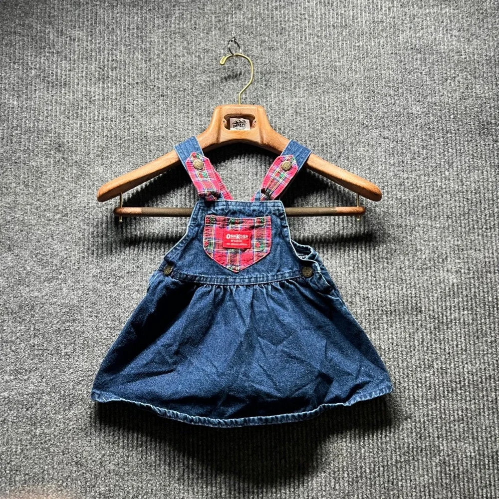 Vintage OshKosh Bgosh Jumper Dress Kids 2T Blue Denim Plaid Floral‎ Embroidered